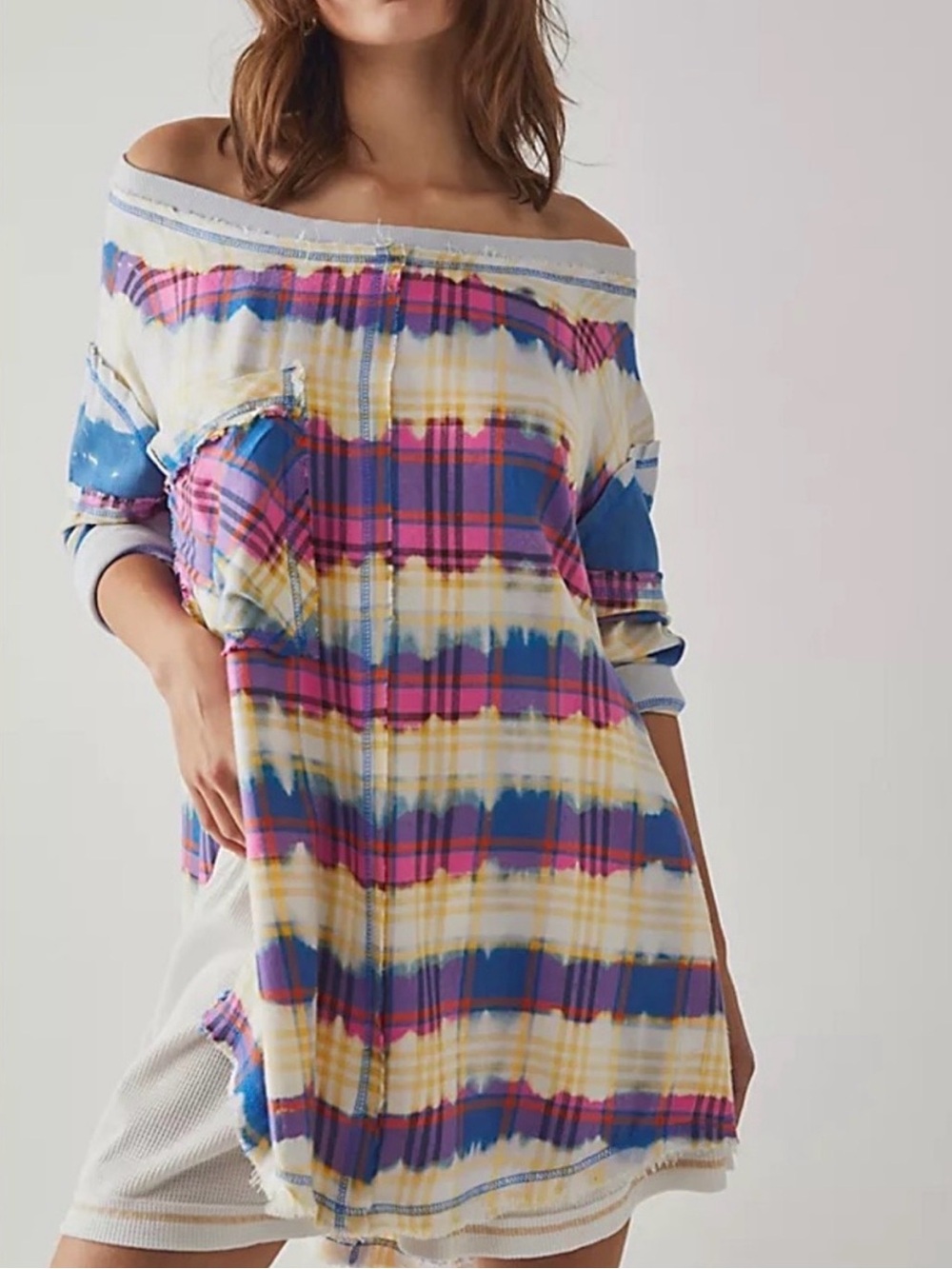 Free People Distressed Boat Neck Linen Bleached Plaid Tunic